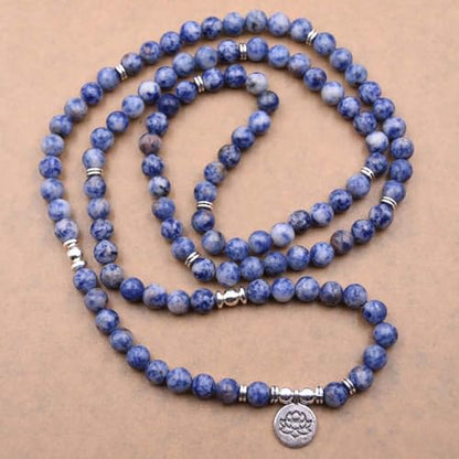 108 Mala Beads Bracelet Necklace - Gemstone Prayer Beads with Lotus Charm for Meditation & Yoga - style: Sodalite