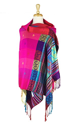 PASKMLNA Double Side Multi Colors Silky Tropical Colorful Exotic Pashmina Wrap Shawl Scarf Rave - color: #3hot Pink