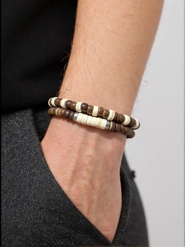 Puka Shell Bracelet for Men Wooden Bracelets Turquoise Stack Beaded Minimalist Trendy Jewelry for Friend Gift - style: 2pcs-Brown White