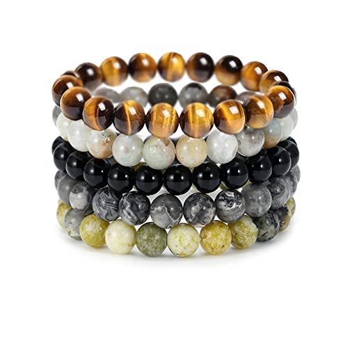 BOMAIL 5PCS Semi-Precious Gemstone Bracelet - Healing Crystal Stone Beaded Bracelets for Women Men 8mm Round Beaded Stretch Bracelets Unisex Yoga Bracelets - color: B