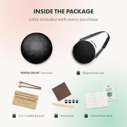 Panda Drum Plus (Black) | Steel Tongue Handpan with Music Book, Mallets, Carrying Bag & Finger Picks | 11 inch, 432 Hz | Rain Drum for Inside & Outside | Calming Musical Instrument for Adults & Kids - color: 3-Black