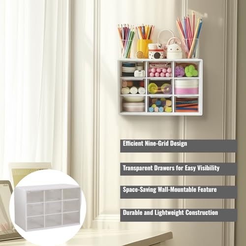 Wall-Mountable Drawer Organizer for Jewelry, Craft Supplies & Desk Accessories - Transparent Storage Box with 9 Compartments