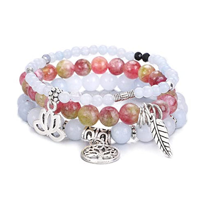 Tree of Life Yoga Healing Stone Bracelets,Multilayer Lotus Chakra Stone Reiki Bracelet Sets,Anxiety Crystal Natural Stone,for Women Stress Relief - style: Aquamarine + Tourmaline