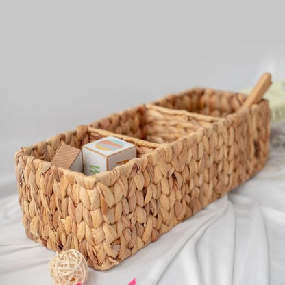 3-Section Wicker Baskets Storage Bin, Water Hyacinth Storage Basket, Handwoven Desk Organizer, Toilet Paper Container, Rectangle Holder for Counter Top Toilet
