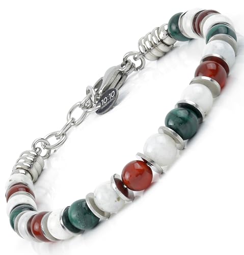 Beaded Bracelet for Men and Women – Natural Gemstone and Stainless Steel – Adjustable, Durable and Elegant – Made in Italy - color: Malakite - Moonstone - Carnelian