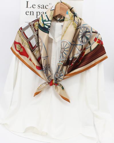 ANDANTINO 100% Pure Mulberry Silk Scarf 35" Large Square Lightweight Headscarf –Women’s Hair Wraps-With Gift Packed - color: Light Khaki&gold