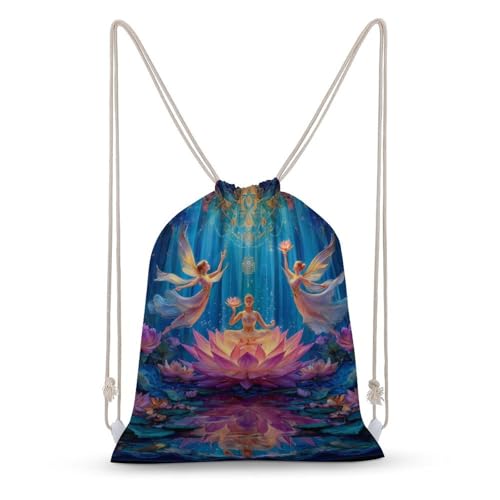 Chakra Yoga And Meditation Zen Lotusfloral Canvas Drawstring Backpack Lightweight String Bag for Sports Gym Travel Swimming Beach 35x50cm