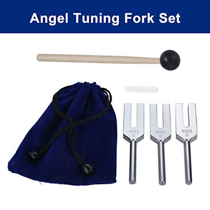 Angel Tuning Forks Set - 4096 Hz, 4160 Hz, 4225 Hz for Healing & Sound Musical Instrument, with Silicone hammer & Soft Storage Bag - color: Silver