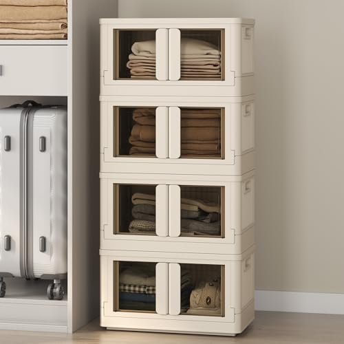 FLEXIMOUNTS 150 QT Stackable Storage Bins With Lids, Collapsible Plastic Storage Bins, Closet Organizers and Storage Containers with Doors and Built-in Wheels For Home, 4 Pack Cubes, Milky White - color: Milky White, size: 37 Qt-4 Pack
