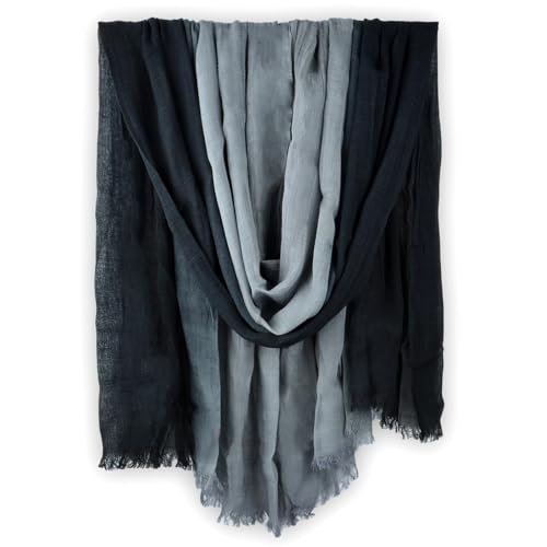 Two-tone Linen Scarf for Women Lightweight Summer Wrap Cotton Shawl Beach Travel Pashmina Gauze 75"×35" - color: Light Grey/Black