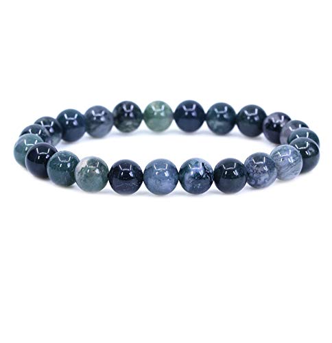 Keleny Gem Semi Precious Gemstones 8mm Round Beads Crystal Stretch Bracelets 7 Inch Unisex - color: A Grade Green Moss Agate