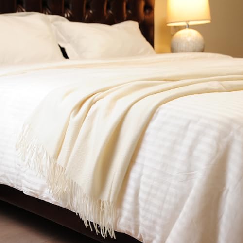 CUDDLE DREAMS Premium Cashmere Throw Blanket with Fringe, Luxuriously Soft (Ivory) - color: Ivory