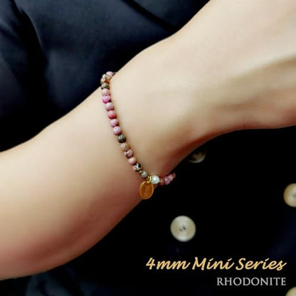 4mm Natural Gemstone Beads Stretch Bracelet for Women, With Freshwater Pearls, Energy Gem Birthday Gift for Her 7.2” - color: Rhodonite