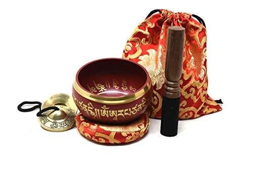 5" Tibetan Meditation Yoga Singing Bowl Set with free Om Tingsha cymbals,wooden Mallet Silk Cushion and Carry bag from Nepal, Singing bowls.