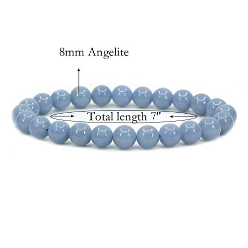 Angelstones Handmade Natural Healing Gemstone 8mm Round Beads Stretch Crystal Bracelet 7 Inch Unisex - color: Blue Angelite