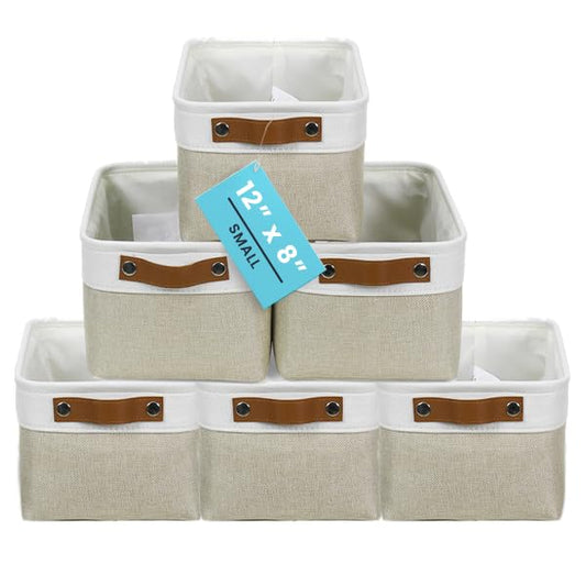 OrganiHaus 12x8in Canvas Storage Baskets 6 Pack | SMALL Fabric Bins for Shelves | Pantry & Bathroom Organizer | Beige/Off-White - color: Beige / Off-White, size: Small - 6pc