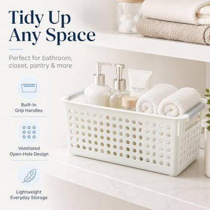 Basicwise Set of 6 Plastic Storage Baskets, 12" x 5" x 5" Ivory Organizer Bins with Handles, Perforated Small Storage Containers for Pantry, Bathroom, Laundry, Closet, Office, Toys, Shelves, Home - size: Set of 6