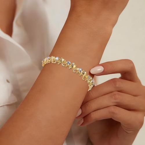 14K White/Yellow Gold Plated 4mm Cubic Zirconia Elephant Bracelet for Women Cute Animal CZ Link Chain Bracelet with Fold Over Clasp Jewelry Gift（6.5 Inch+1Inch） - color: Gold Plated