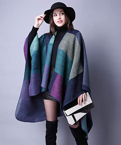 Women's Shawls and Wraps Open Front Poncho Cape Winter Sweater - color: A3-purple