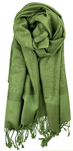 Plum Feathers Two Tone Vintage Paisley Pattern Pashmina Scarf - color: Dull Olive