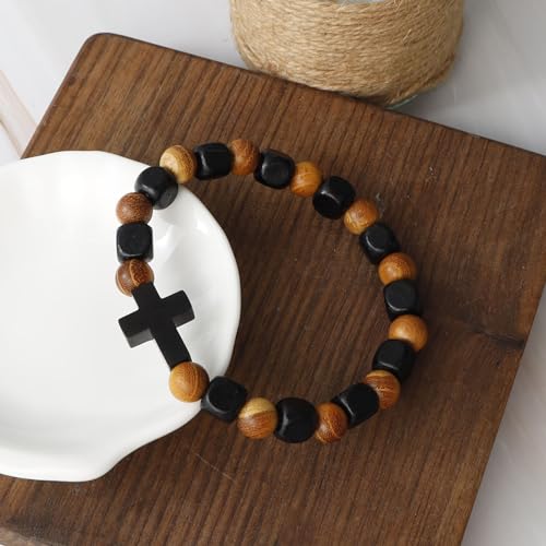 MILAKOO Wooden Bracelet with Black Stainless Steel Cross Charms Bead Christian Gifts for Women Men - color: C5