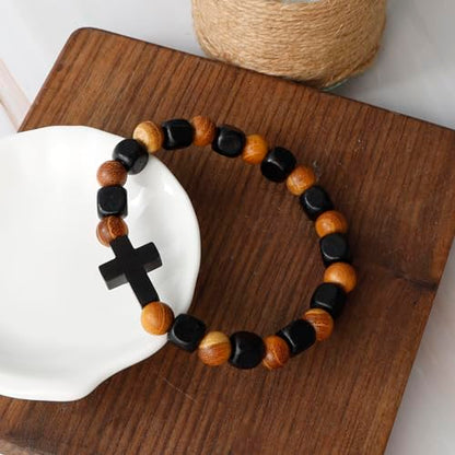 MILAKOO Wooden Bracelet with Black Stainless Steel Cross Charms Bead Christian Gifts for Women Men - color: C5