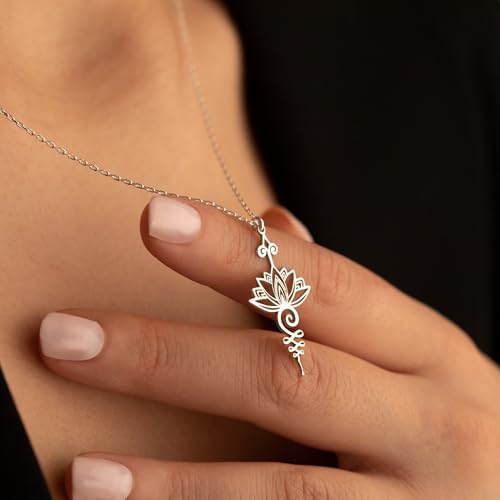 Lotus Unalome Necklace - 925 Sterling Silver Lotus Flower Unalome Necklace - Yoga Jewelry - Chakra Necklace - Spiritual Symbol Charm - size: 24 Inches