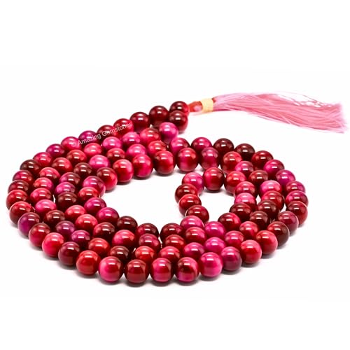 Amazing Gemstone Japa Mala 108 Prayer Beads Necklace and Wrist Mala Bracelet for Meditation - color: Pink Tiger Cats Eye, size: Without Knots