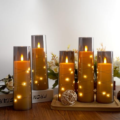 Flameless Candles,with Embedded Star String, Battery Operated Candles Flickering LED Pillar Candles with Remote Control and Timer, Home Decoration Add a Warm and Romantic Atmosphere，Set of 7 (Grey)