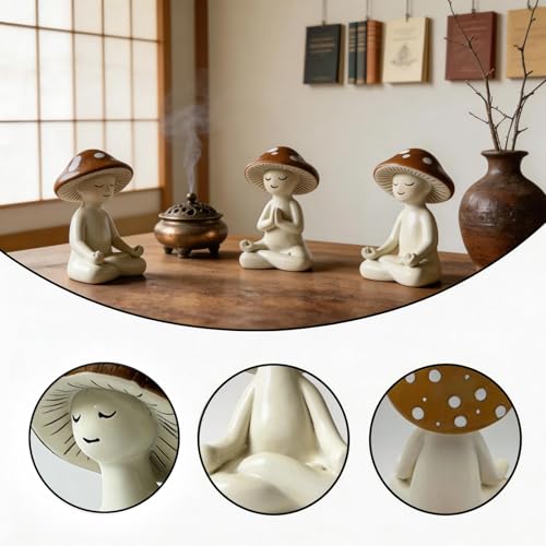 Ceramic Mushroom Yoga Figurines Set, Meditation Decor for Home, 3-Piece Mushroom Figurines in Yoga Poses, Whimsical Zen Decor for Shelf, Desk, Yoga Room