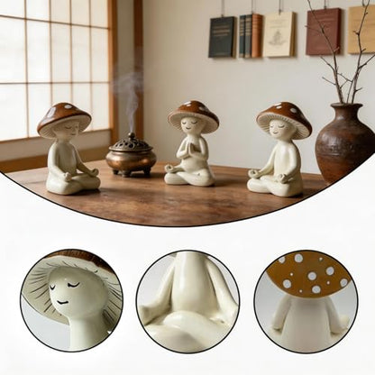 Ceramic Mushroom Yoga Figurines Set, Meditation Decor for Home, 3-Piece Mushroom Figurines in Yoga Poses, Whimsical Zen Decor for Shelf, Desk, Yoga Room