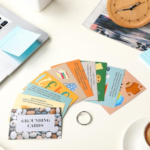 AmazingSpark 10 Pcs Grounding Card Coping Skills Card for Anxiety & Stress Relief with Metal Binder Rings Mindfulness Flashcard Meditation & Self-Care Tools Mental Health Therapy Gift for Adults Teens
