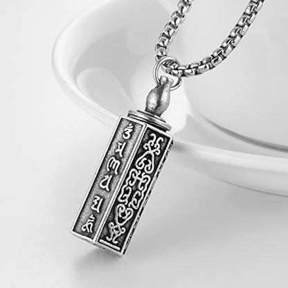 HZMAN Tibetan Buddhism Meditation Stainless Steel Pendant Commemorative Cremation Ashes Pill Cylinder Container Necklace 22+2 Inch Chain