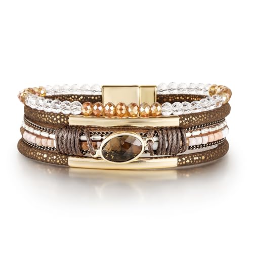 Edoneery Leather Wrap Bracelet for Women, Boho Handmade Multi-Layer Cuff with Crystal Beads Heart, Stackable Bangle Western Jewelry Gift - style: Crystal(Brown)