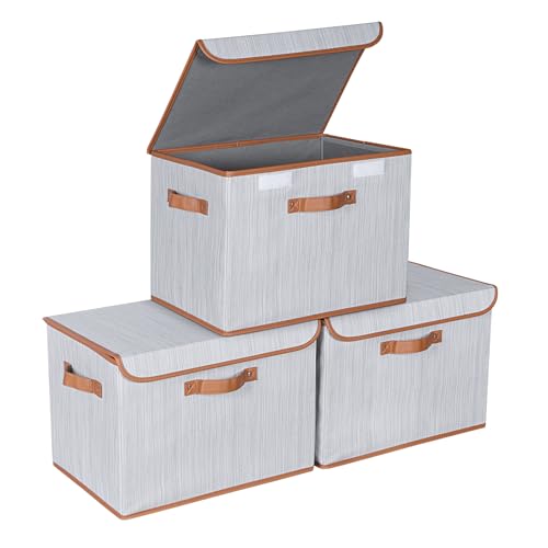 Univivi Heavy Duty Fabric Storage Bins with Lid, Large 17" 10 Gallon Stackable Storage Bins with Leather Handles, Decorative Storage Boxes with Lids for Bedroom, Closet, Nursery, Office, 3-Pack(Grey) - color: Grey