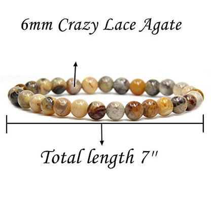 Angelstones Handmade Natural Healing Gemstone 6mm Round Beads Stretch Crystal Bracelet 7 Inch Unisex - color: Crazy Lace Agate