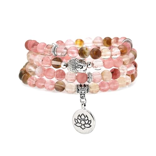 6mm 108 Mala Beads Bracelet, Yoga Zen Necklace with Buddha and Lotus Charm for Prayer - style: Watermelon Tourmaline
