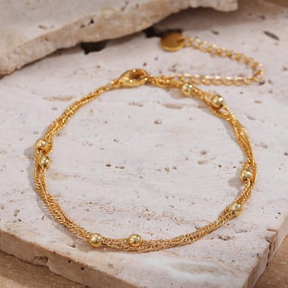 SLOONG Gold Pearl Bracelets for Women Trendy, 14K Gold Plated Dainty Stackable Layered Chain Bridesmaid Bracelets, Waterproof Wedding Jewelry for Women Adjustable 6"+2" - color: Style7(Ripple Chain)