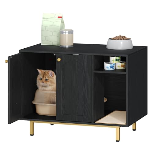 Hzuaneri Cat Litter Box Enclosure,Hidden Litter Box Furniture with Storage, Large Wooden Cabinet with Sisal Mat, Modern Cat Washroom for Living Room, Bedroom, Entryway, Black and Gold CB01504G - color: Black and Gold