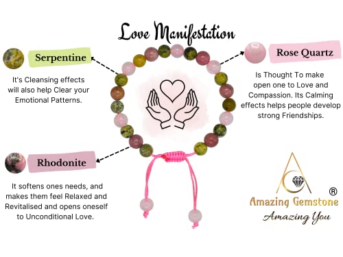 Amazing Gemstone Love Manifestation Bracelet - Serpentine Rhodonite Rose Quartz Bracelet Set for Men Women Healing Calming Anxiety Stress Relief Gifts Pulseras Para Hombres Mujer Stuffer (Adjustable) - color: Love