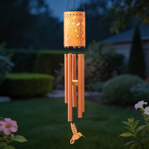 Solar Hummingbird Wind Chimes for Outside Garden Wind Chime with Metal Silhouette, Decor for Patio, Yard, Balcony, for Women Men Festivals/Birthday/Christmas - color: Bronze