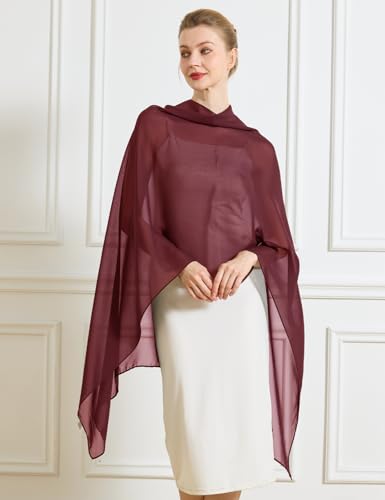 Chiffon Cape Shawl Wrap Scarf 3 Ways to Wear Elegant Sheer Capelet for Evening Dresses Weddings Parties - color: Burgundy