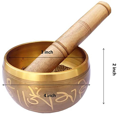 Purpledip Bell Metal Singing Bowl: Buddhist Tibetan Musical Instrument For Dhyana & Meditation (10781) - style: Scripture design | 5 inches | Gold