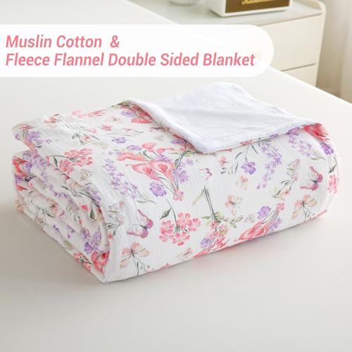 Viviland Cotton Muslin Blanket Reversible Fleece Blanket Lightweight Breathable Gauze King Size Blanket 108 x 90 Inches, Pink Purple Flowers - color: Pink Purple Flowers, size: King Size (90 X 108 Inches)
