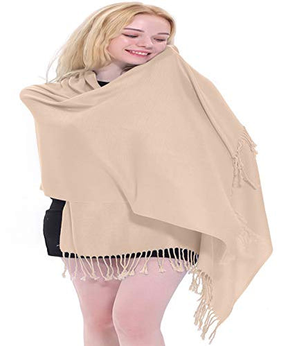 CJ Apparel Solid Color Tassels Design Nepalese Shawl Scarf Wrap Stole Throw Head Wrap Pashmina Gift Hand Made in Nepal New - color: Champagne Pink