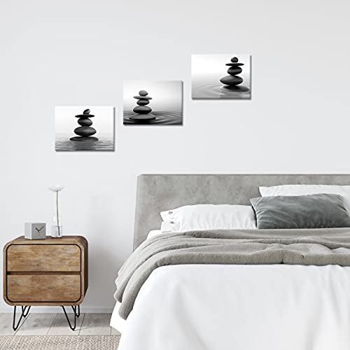Apicoture Zen Stone Wall Art - Black and White Zen Stones Poster Canvas Wall Decor for Spa Room Bathroom Home Decorations 12"X 16"X 3 Pieces