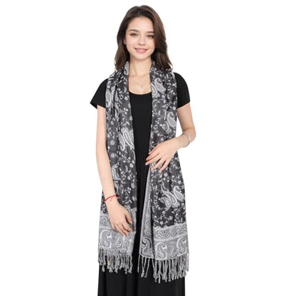 MUQU Women Pashmina Shawls and Wraps Scarf Soft Silky Reversible Paisley Scarves Shawl for Women - color: Black+white