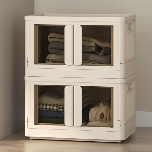 FLEXIMOUNTS 75 QT Stackable Storage Bins With Lids, Collapsible Plastic Storage Bins, Closet Organizers and Storage Containers with Doors and Built-in Wheels For Home, 2 Pack Cubes, Milky White - color: Milky White, size: 37 Qt-2 Pack
