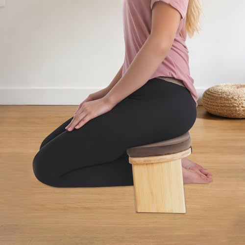 Portable Meditation Bench, Folding Kneeling Meditation Bench with Meditation Cushion, Bamboo Meditation Stool for Yoga Bench, Prayer Bench (Brown)