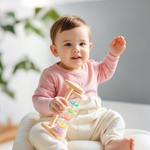 Wooden Rain Stick with Handle & Stand, Montessori Sensory Musical Rattle for Toddlers 12+ Months, Calming Rainmaker with Beads for Tummy Time & Quiet Play, Baby Shower & 1st Birthday Gift
